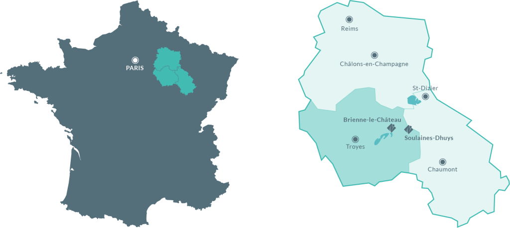 Carte de la France, situation de la régions des grands lacs de champagne (lacs de la foret d'orient, lac du der, lac d'amance)
